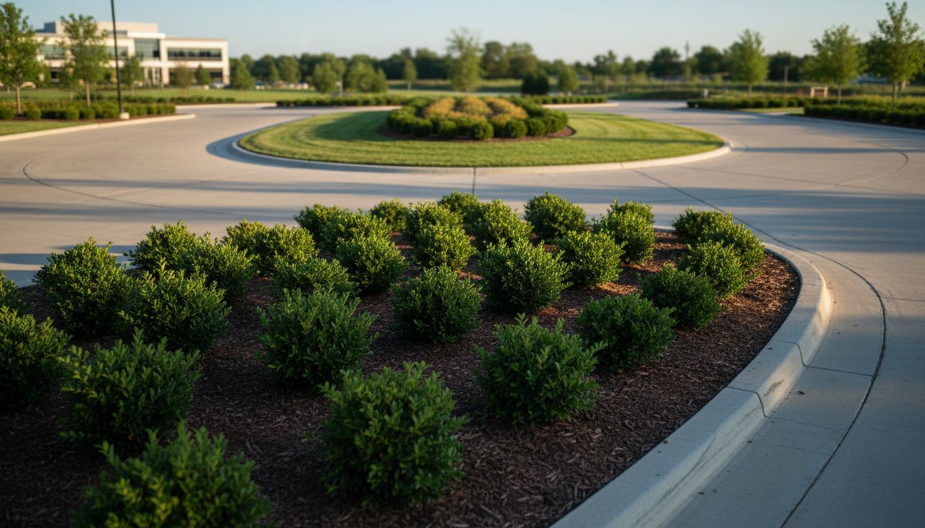 Commercial entrance drive with manicured turf islands