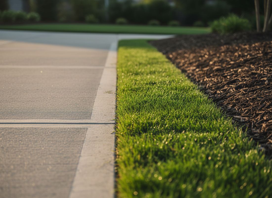 Machine-cut spade edge between a driveway and the lawn