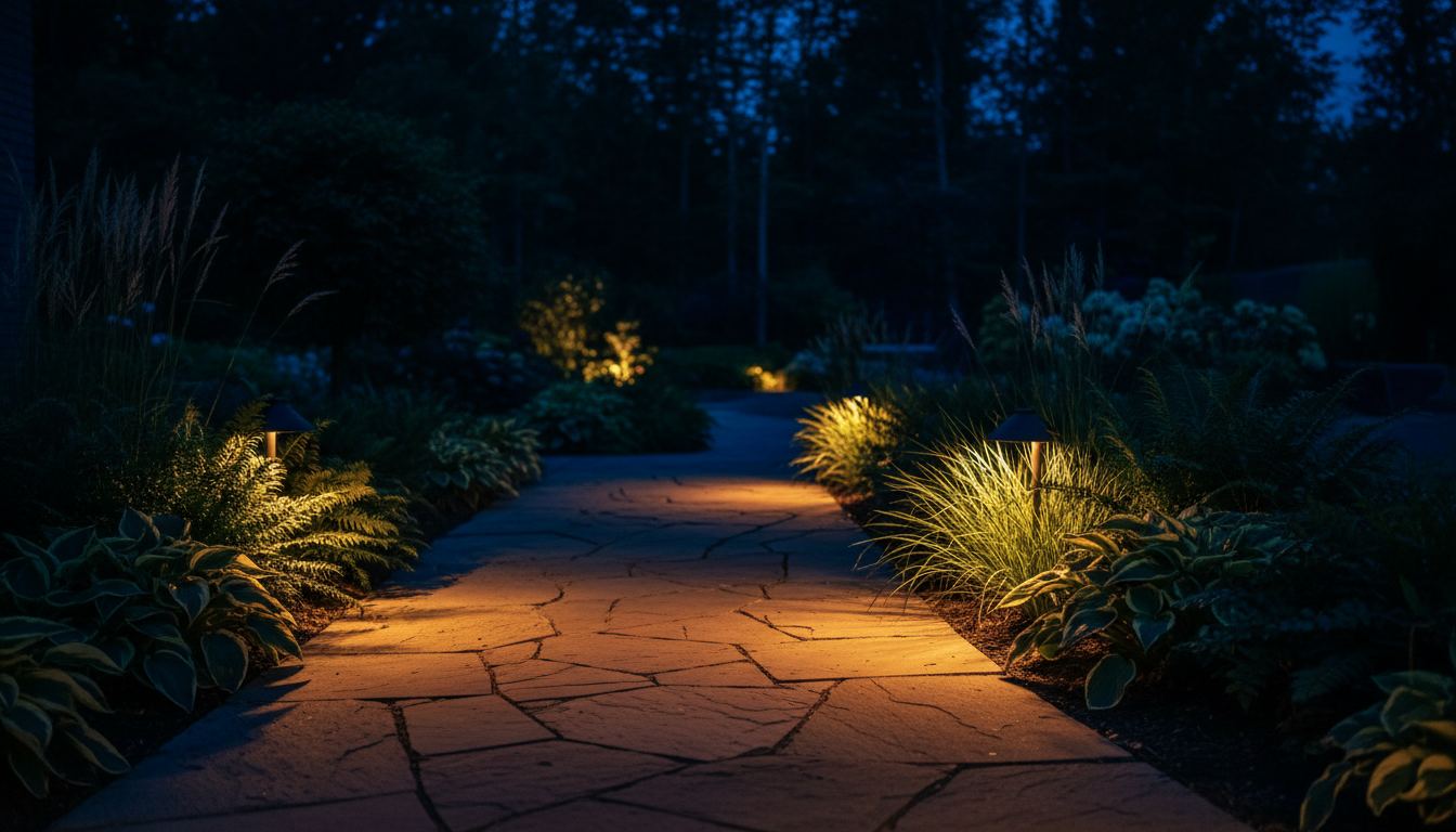 Warm path lights washing across a stone walkway at night