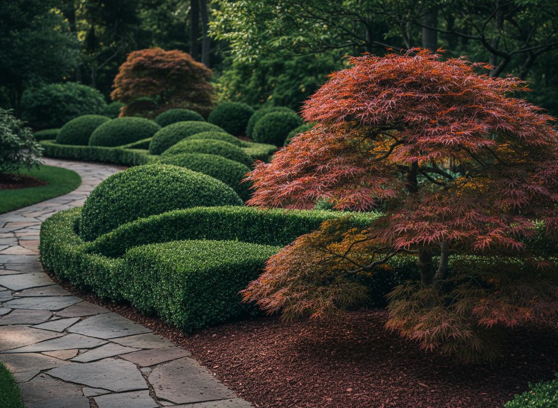Sculpted ornamental shrubs beside a stone path