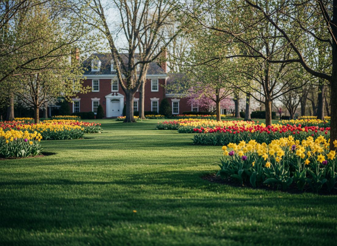 Spring lawn with tulips in freshly defined beds
