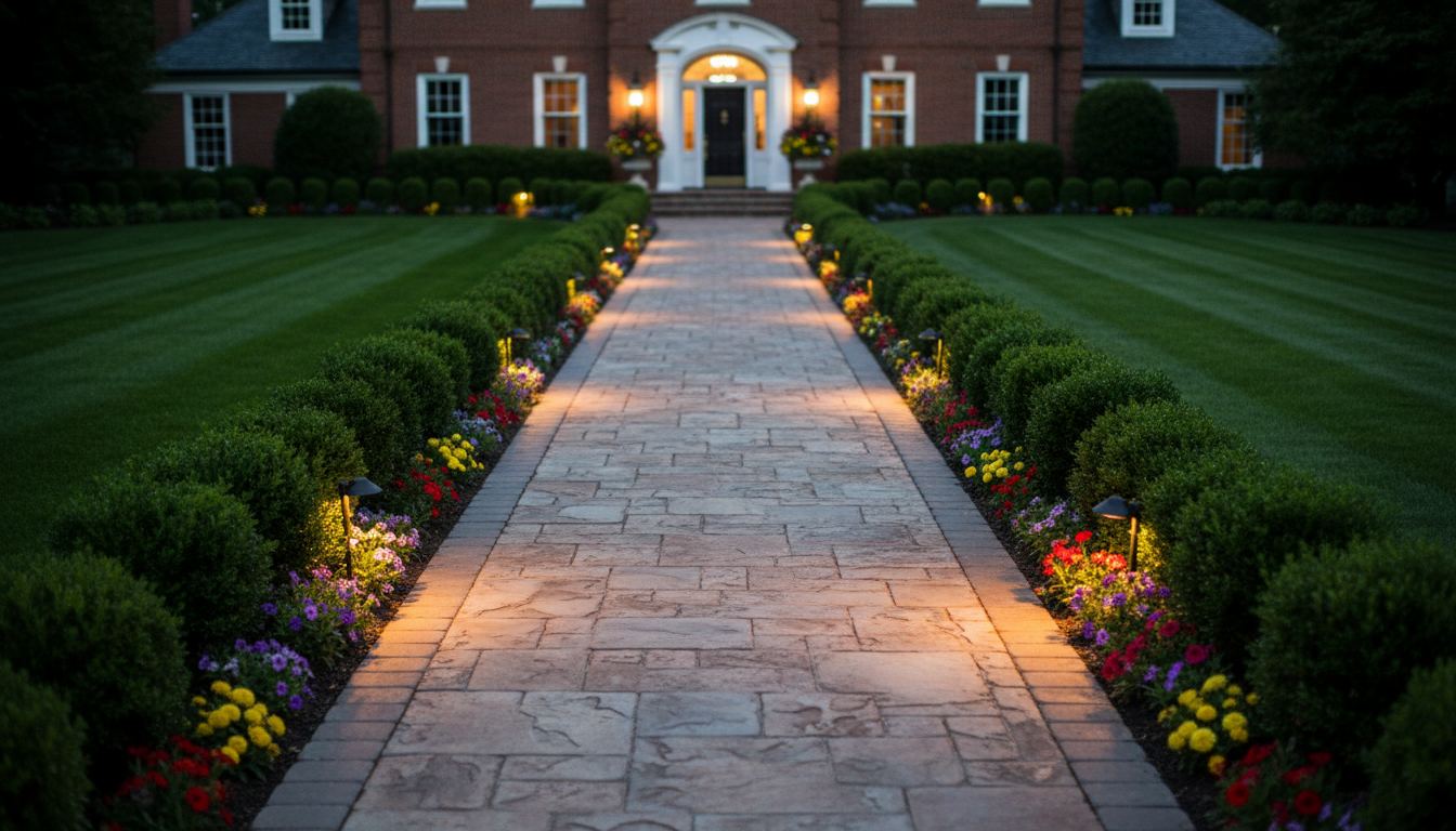 Paver walkway lit by warm path lighting leading to a front entry