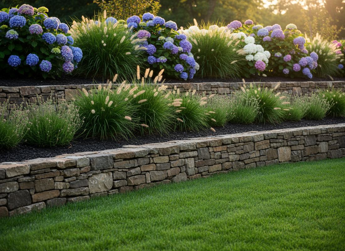 Stacked stone retaining wall holding a tiered planting bed