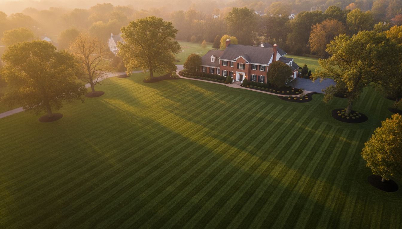 An immaculately striped estate lawn at golden hour in Akron, Ohio