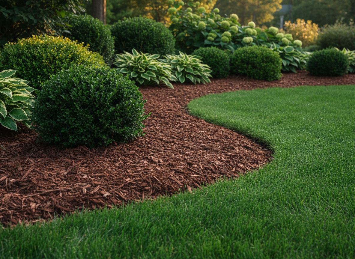 A hand-cut mulch bed edge meeting a manicured emerald lawn